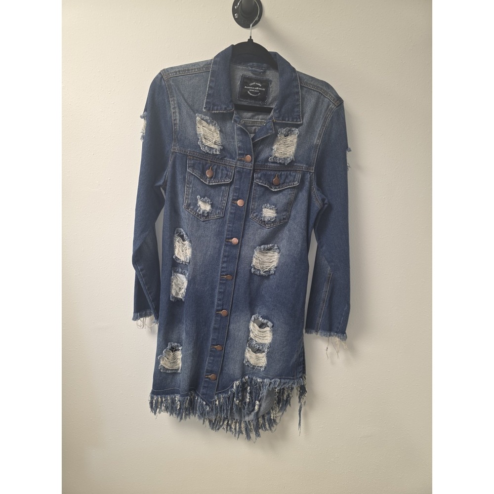 American Bazi Denim‎ Blue Jean Jacket Distressed Long Length With Pockets Size M